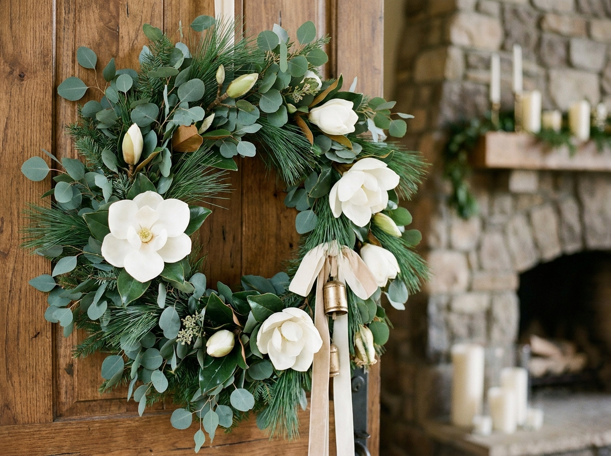 Elegant wedding and home wreath with white florals.