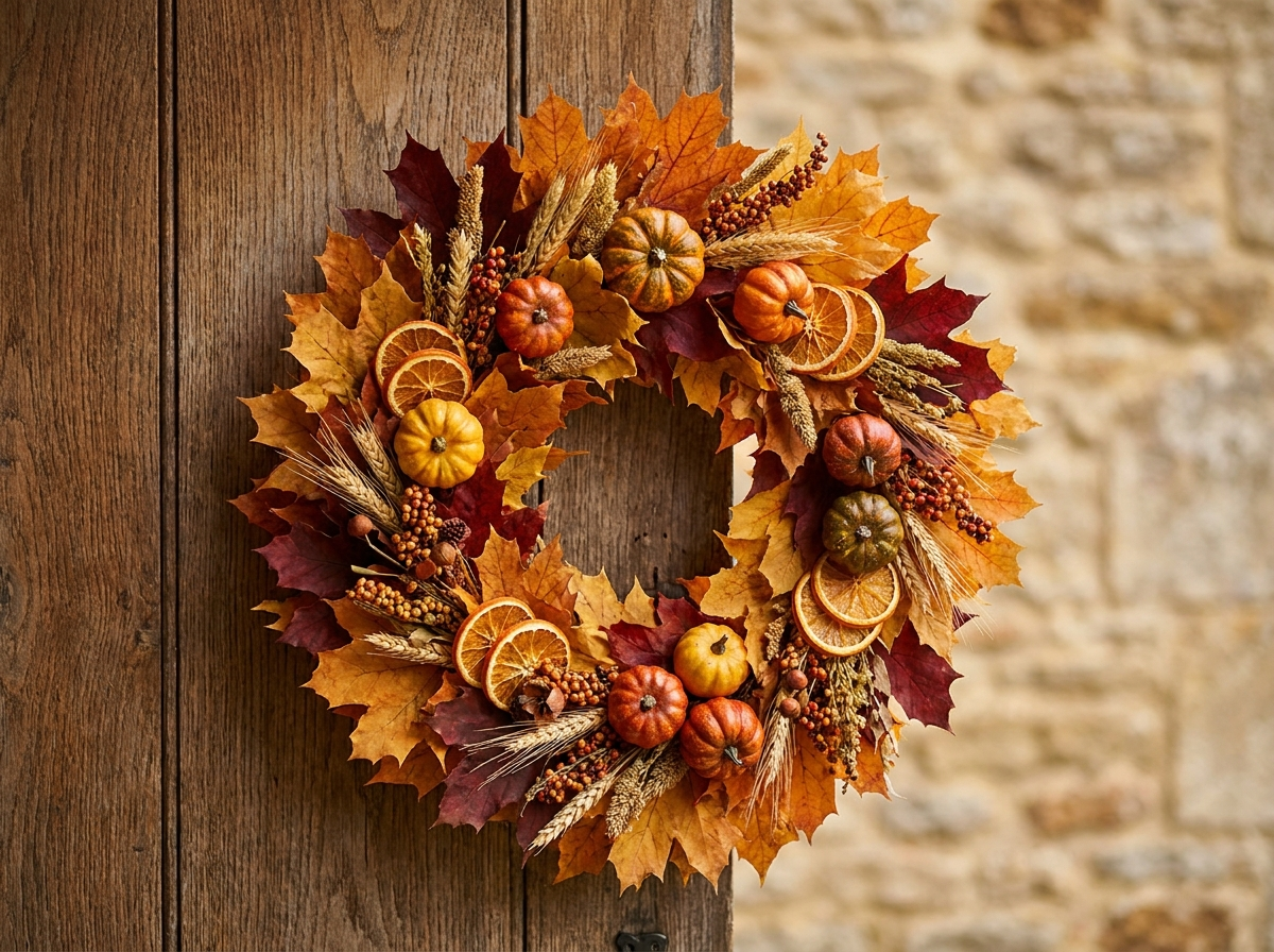 Autumn harvest wreath with pumpkins and amber foliage.