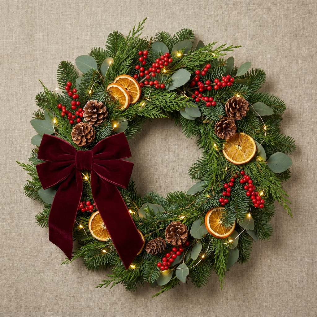 Holiday Christmas wreath with red berries and pinecones.