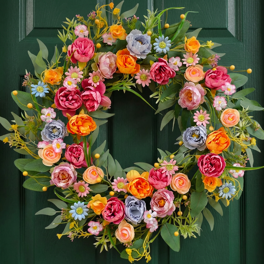 Spring wreath with artificial greenery and soft blooms.
