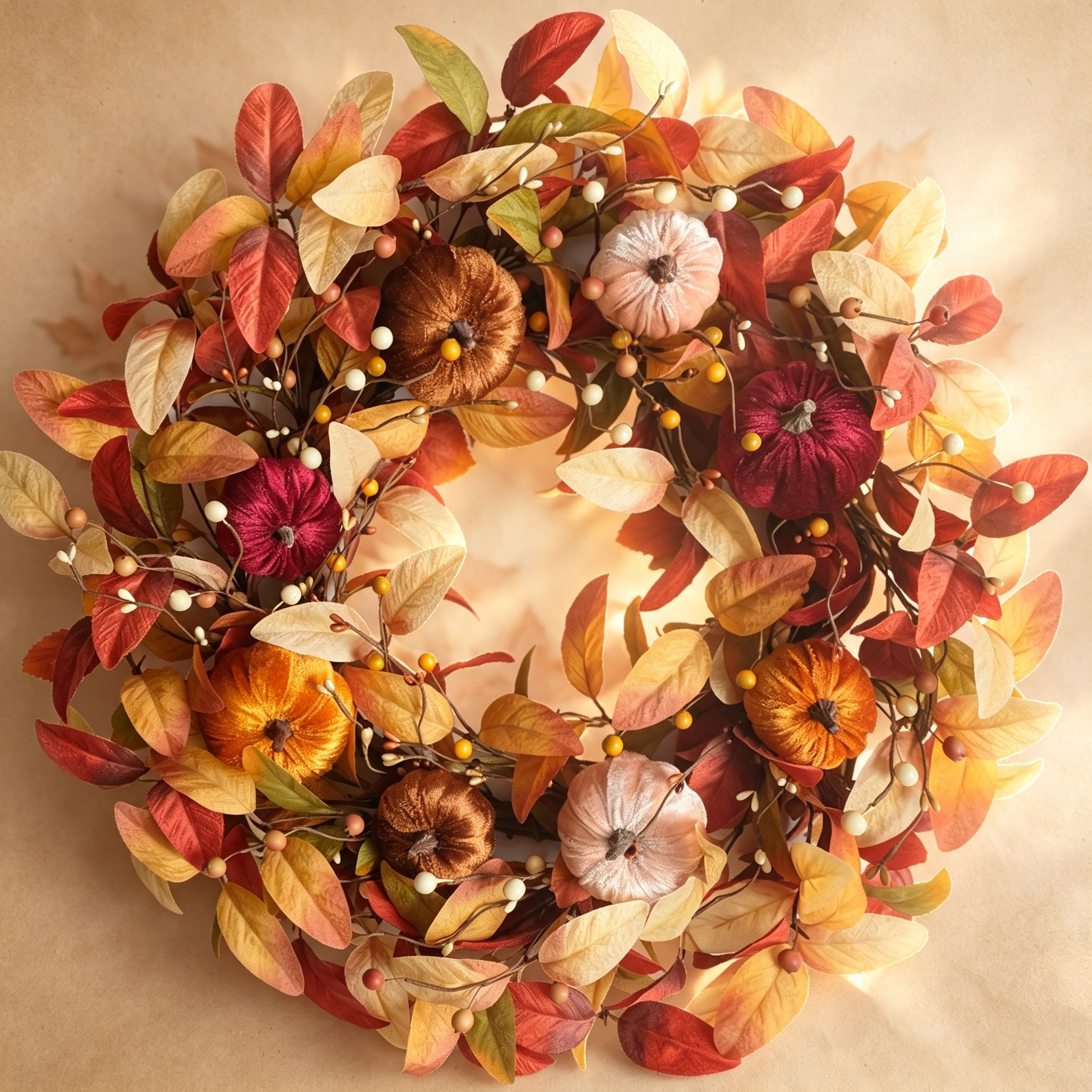 Autumn harvest wreath with pumpkins and amber foliage.