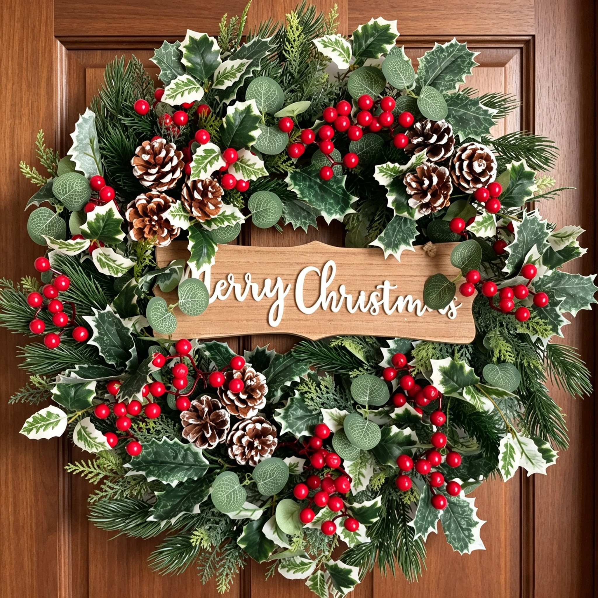 Holiday Christmas wreath with red berries and pinecones.