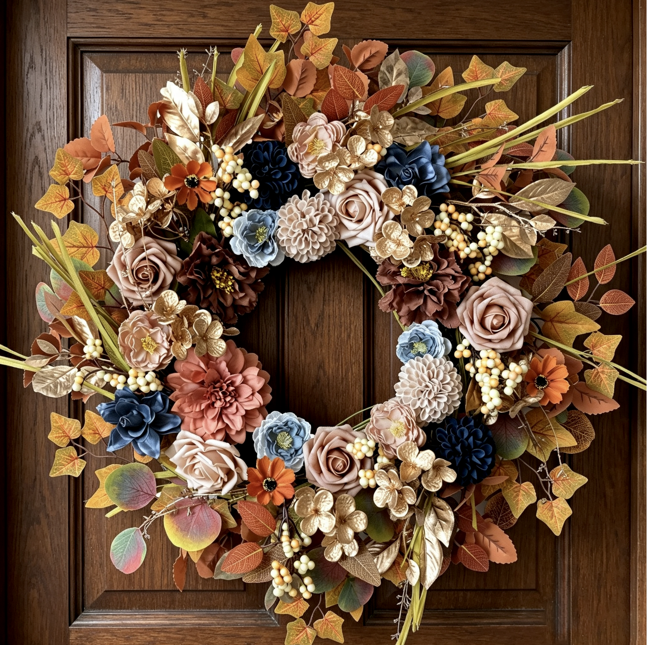 Autumn harvest wreath with pumpkins and amber foliage.